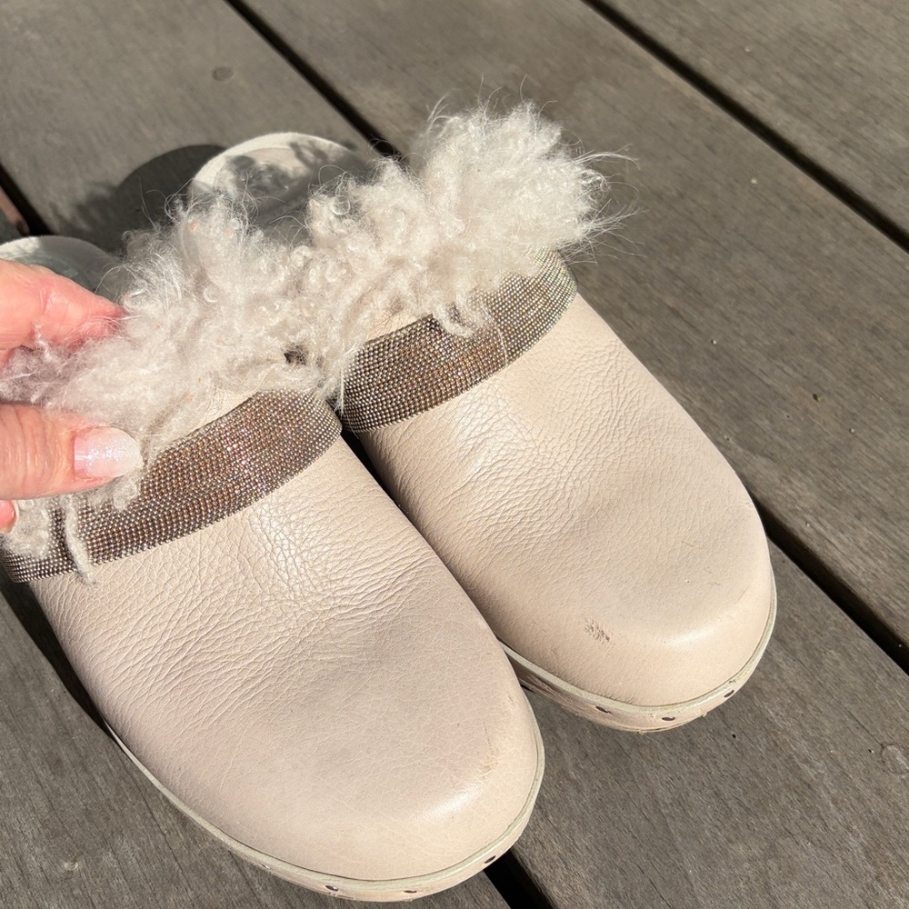 Brunello Cucinelli Cream Mules Clogs  with Fur Detail